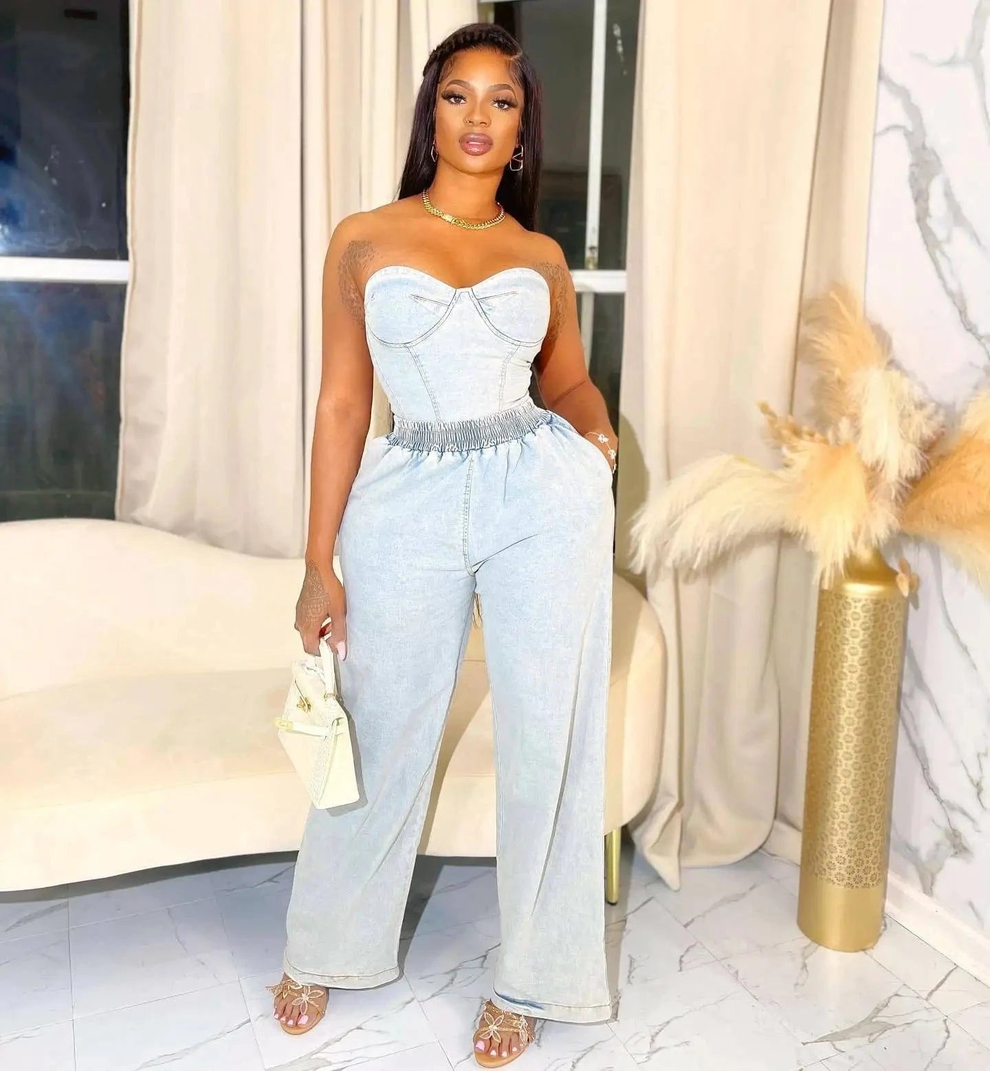 2 XL / Blue 2024 washed two piece jean denim corset top pants set for women