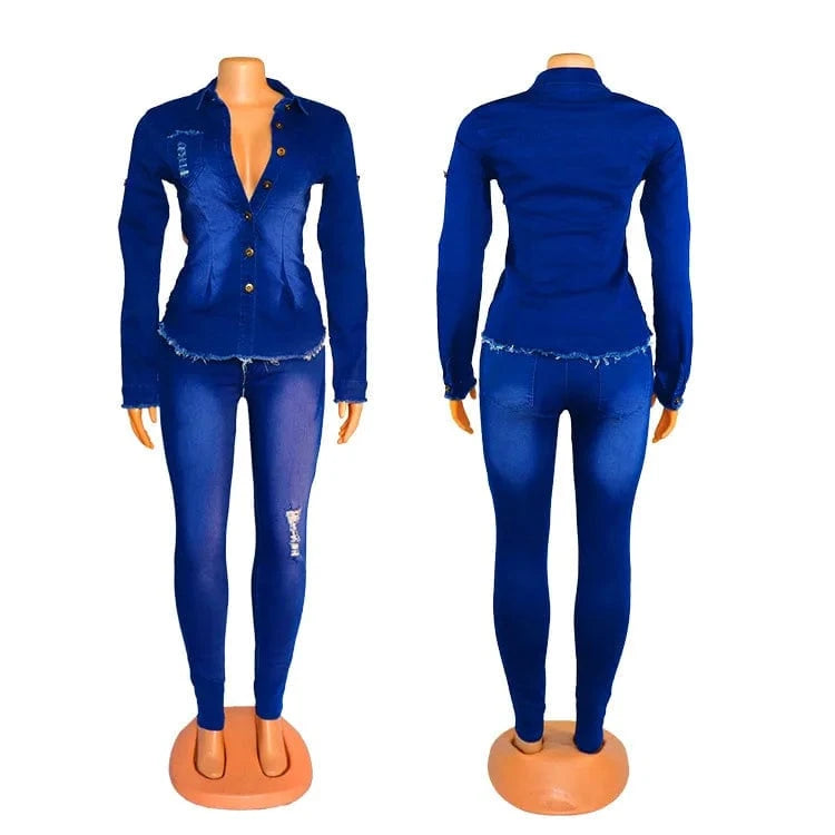 2 XL / Blue 2025 fall women clothes fashion jeans outfits 2 piece jacket stretchy denim fabric chaquetas casual wear plus size