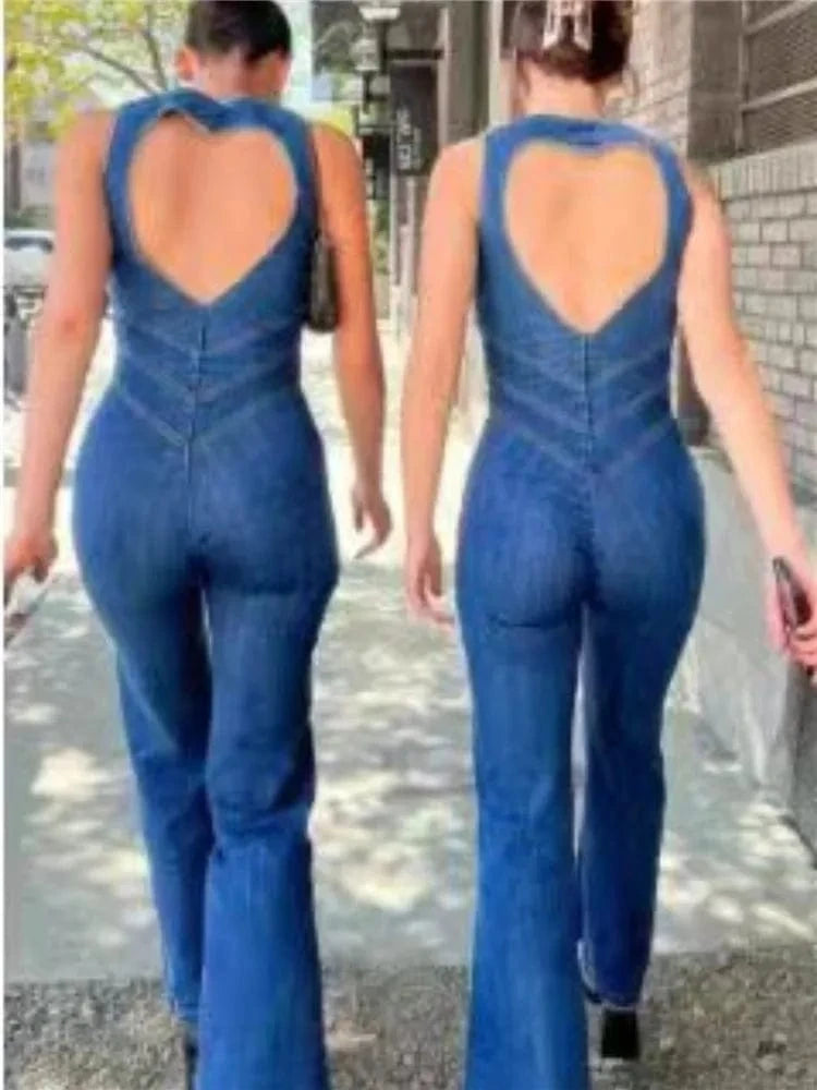 2 XL / Blue Backless Heart Cutout Bodycon Jumpsuit For Women Casual Sleeveless Slim One-Piece Outfits Retro Denim Jumpsuits