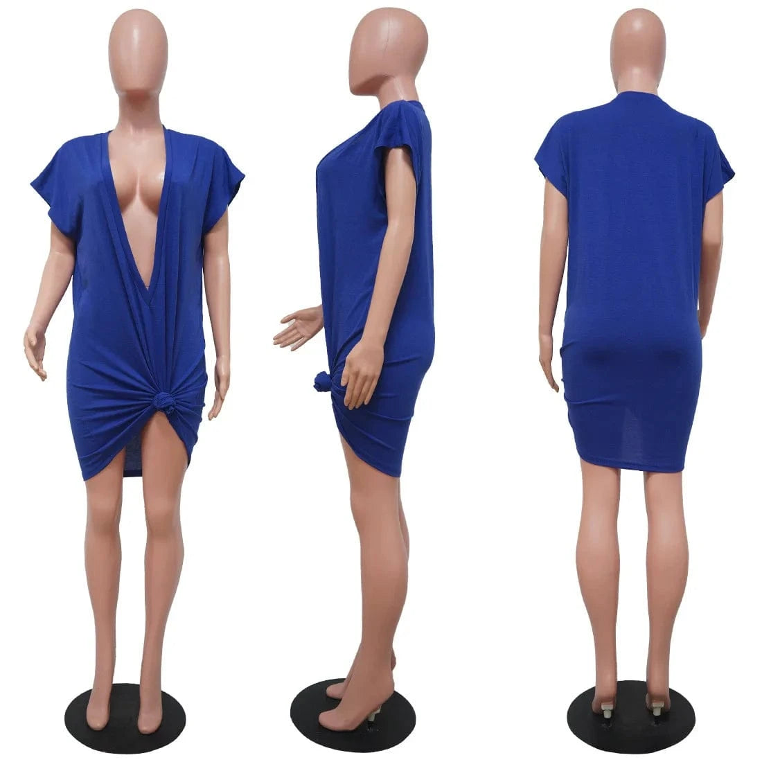 2 XL / Blue Bomblook C129DS Sexy Outfits Solid Women Party Club Dresses Short Sleeve Deep V Neck Mini Knotted Elegant Dress
