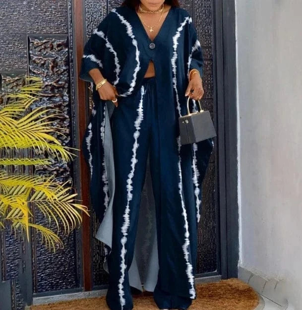 2 XL / Blue Liu Ming New Arrivals Autumn 2024 Women Casual Printing Loose Long Split Top Wide Leg Pants 2 Piece Suit