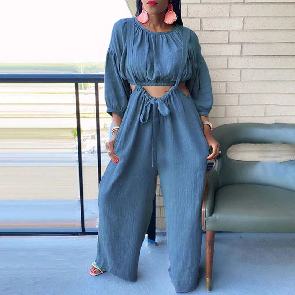 2 XL / Blue Loose Women Sets Solid Hollow out Overalls 2  piece Pants Set Casual Navel Wide Leg Pants Fall 2022  Women Clothes