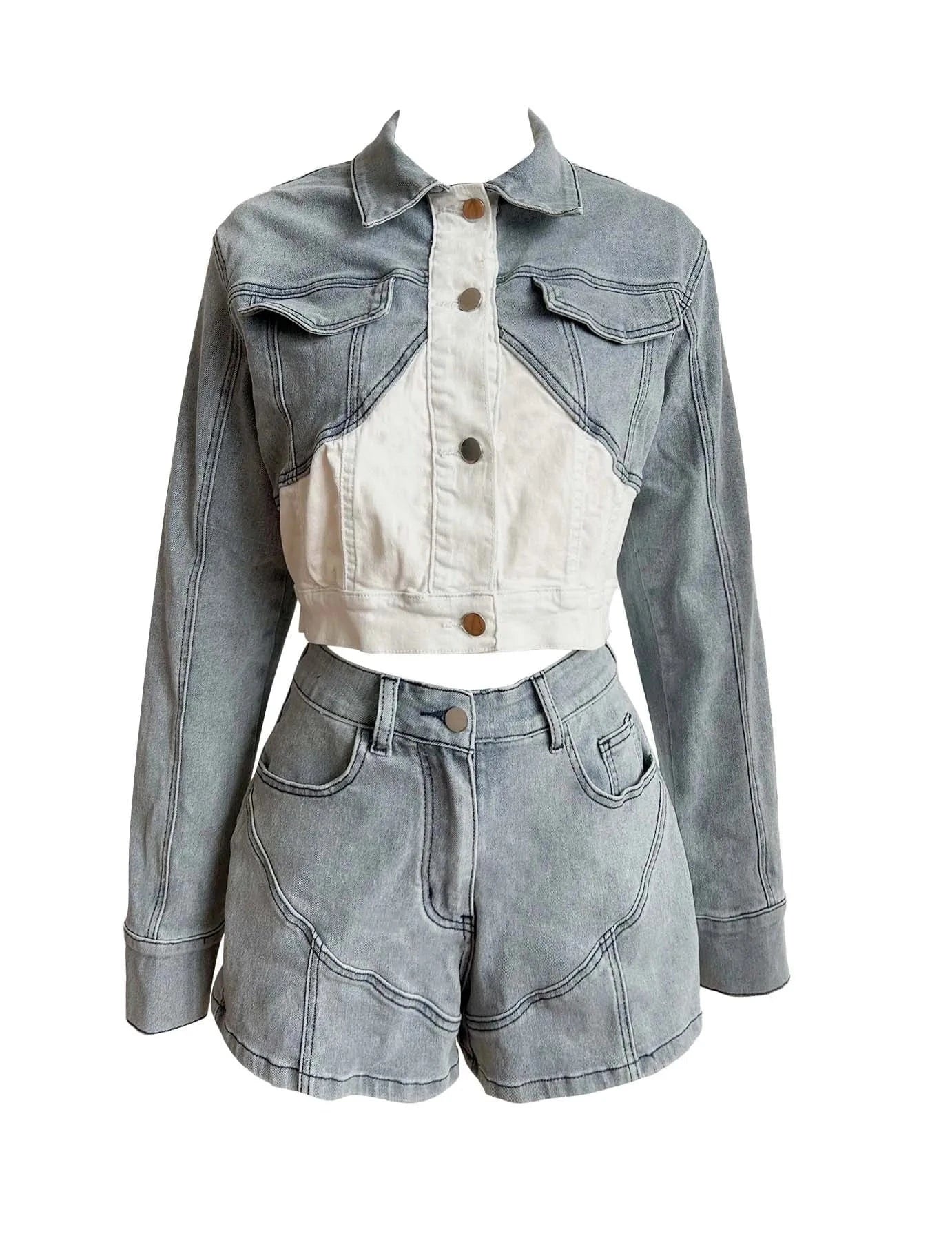 2 XL / Blue New arrivals 2024 spring boutique S-2XL denim jeans patchwork jackets two piece shorts set