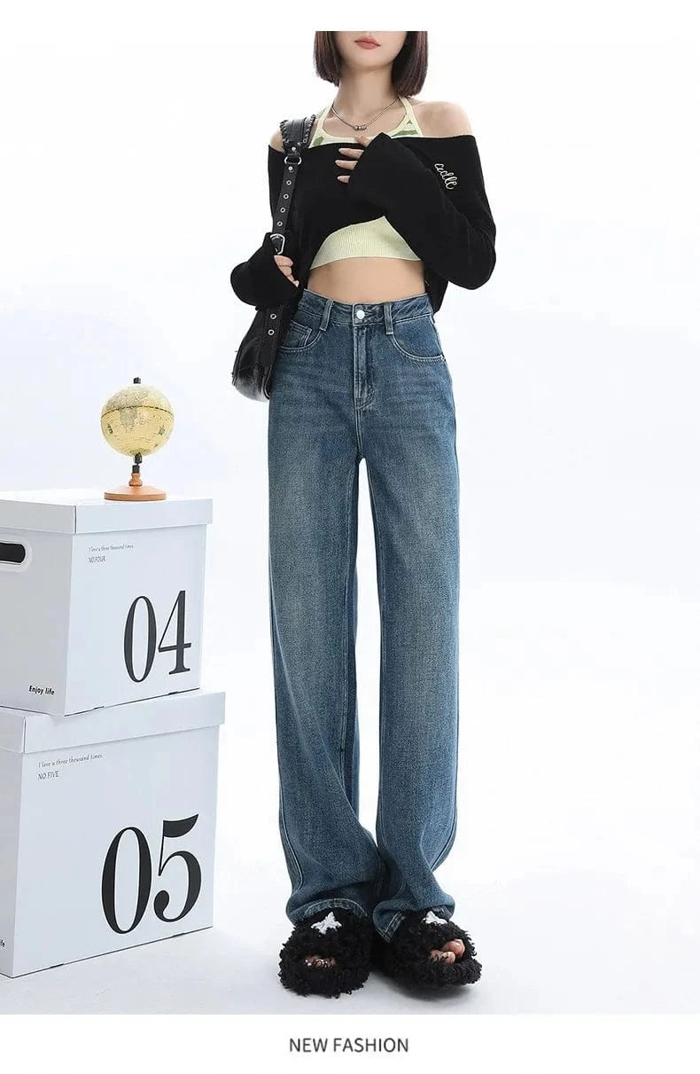 2 XL / Blue Women's clothing spring straight jeans high waist loose versatile pear shaped narrow version with wide legs and long pants