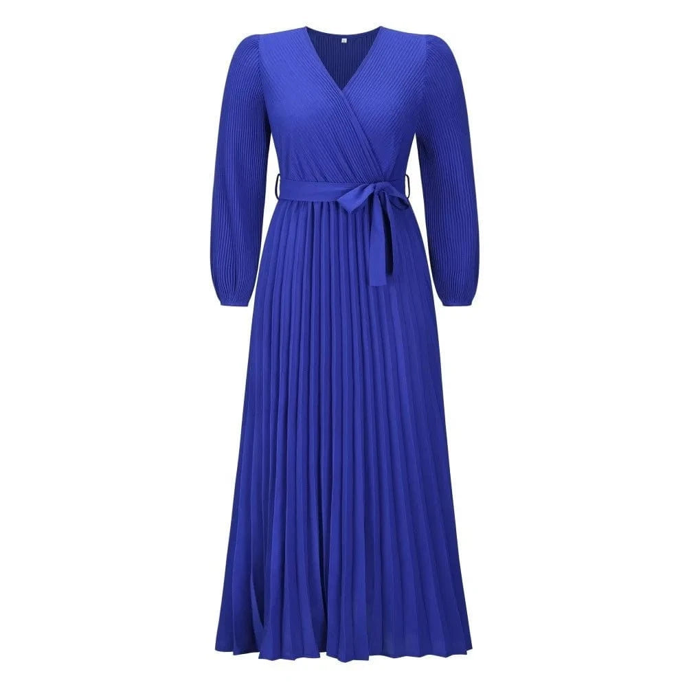 2 XL / Blue Women solid Bohemia V-Neck Long Sleeve Pleated A-Line Maxi Dresses Lady casual dresses