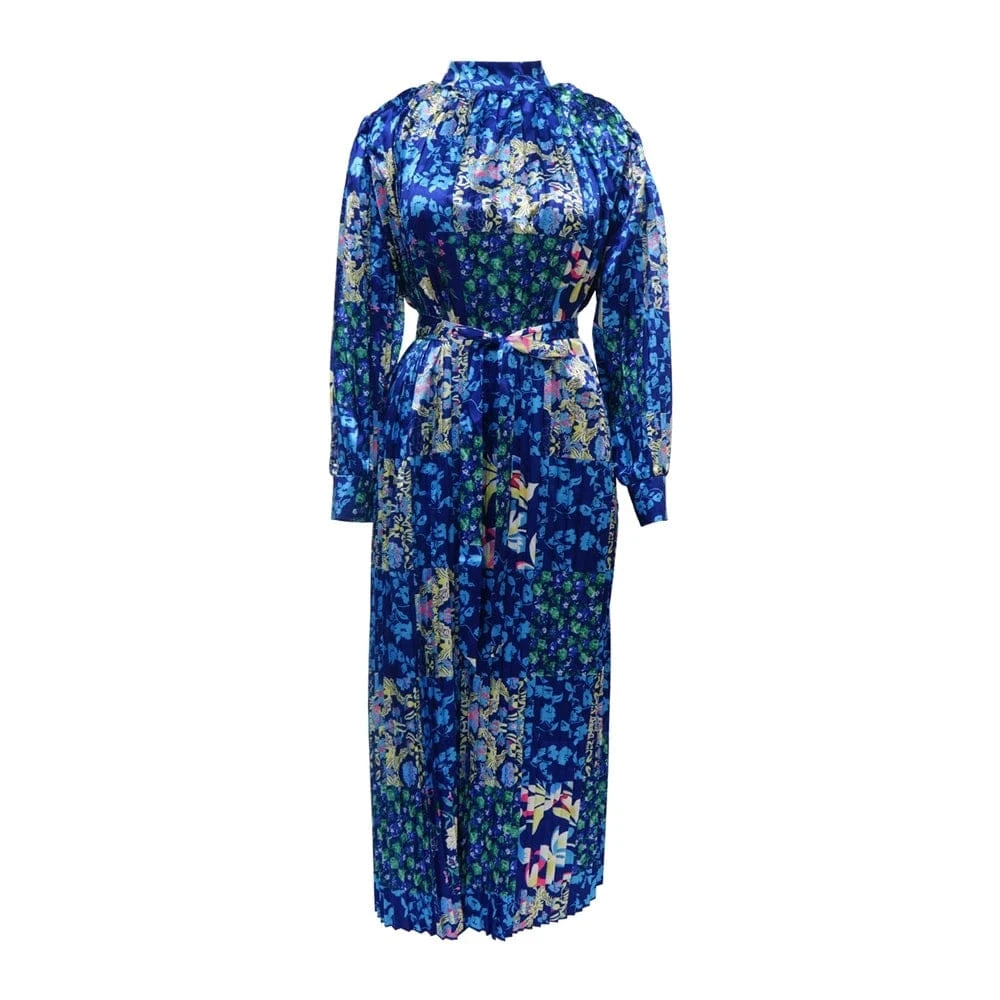 2 XL / Blue ZHEZHE 2024 New Trendy Fashion Printed Long sleeve Pleated Dress Elegant Fall Women's Dresses Printed African Dress