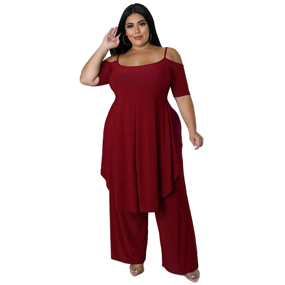 2 XL / Burgundy 2024 new women plus size women's clothing Solid color sexy halter loose top two piece set
