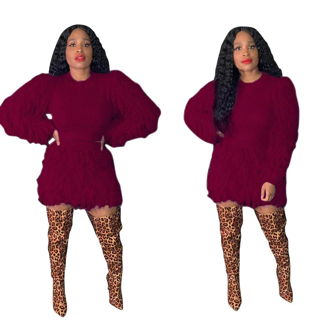 2 XL / Burgundy Knit 2 Piece Furry Two Piece Set Cozy 2 pc Sweater Short Sets Winter Matching Shorts Set Sweater Women