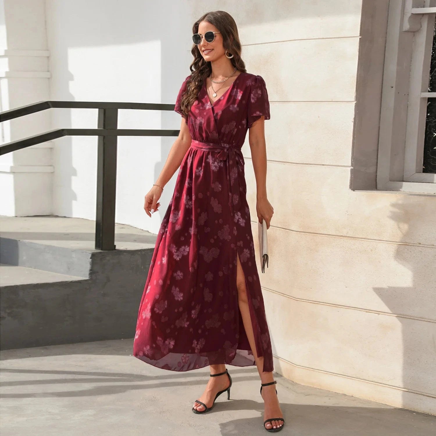 2 XL / Burgundy Women Elegance V-neck High-Waist Lace-Up Dress Jacquard Slit Long Short-Sleeved Dress