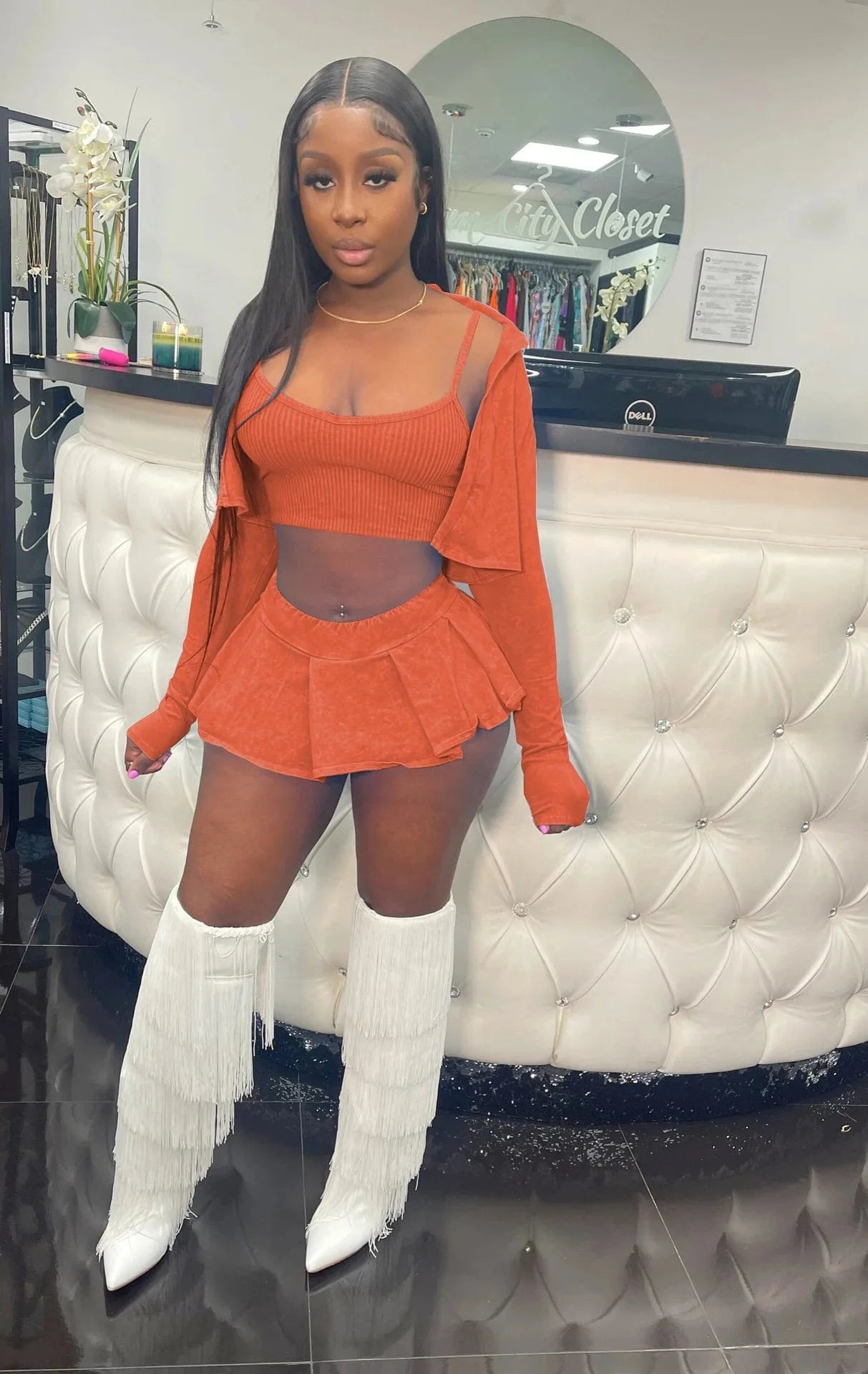 2 XL / C313ST Orange Bomblook C313ST Streetwear Printed 3 Pieces Set Tank Top With Skirt Cardigan Ribbed Three Piece Set Women Women Outfits 2024