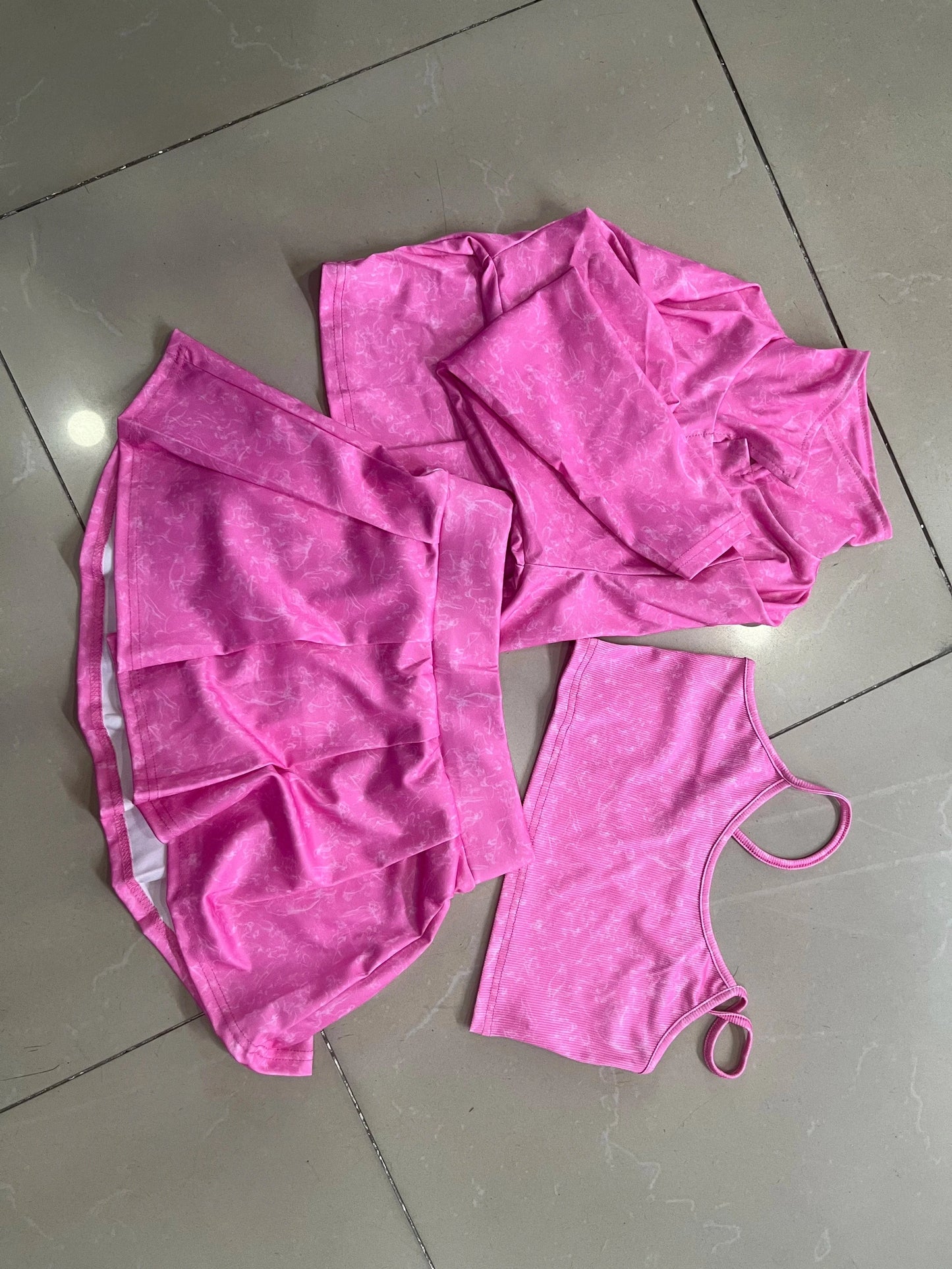 2 XL / C313ST Pink Bomblook C313ST Streetwear Printed 3 Pieces Set Tank Top With Skirt Cardigan Ribbed Three Piece Set Women Women Outfits 2024