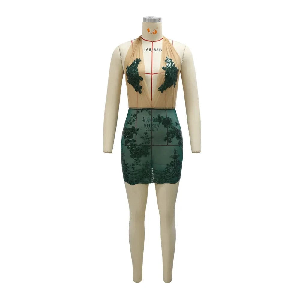 2 XL / C530DS Green Bomblook C530DS Hollow Out Outfits Sexy Party Club Mini Evening Summer See Through Dresses For Women Sequin Halter Dress 2024