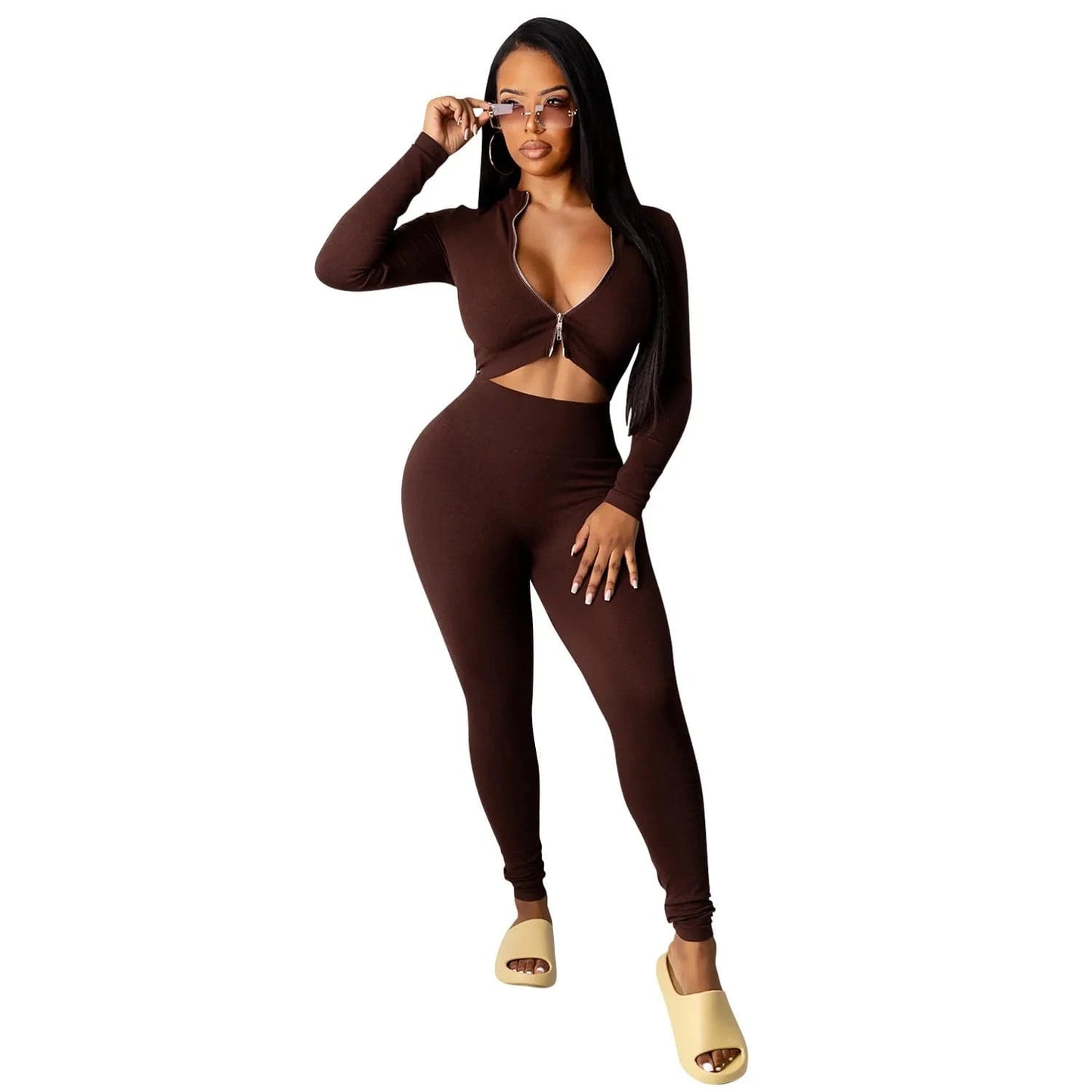 2 XL / Chocolate 2024 Wholesaler New Fall Women Casual Solid Color 2 Piece Pants Set Sweat Suits Outfit Women Two Piece Tracksuit Set