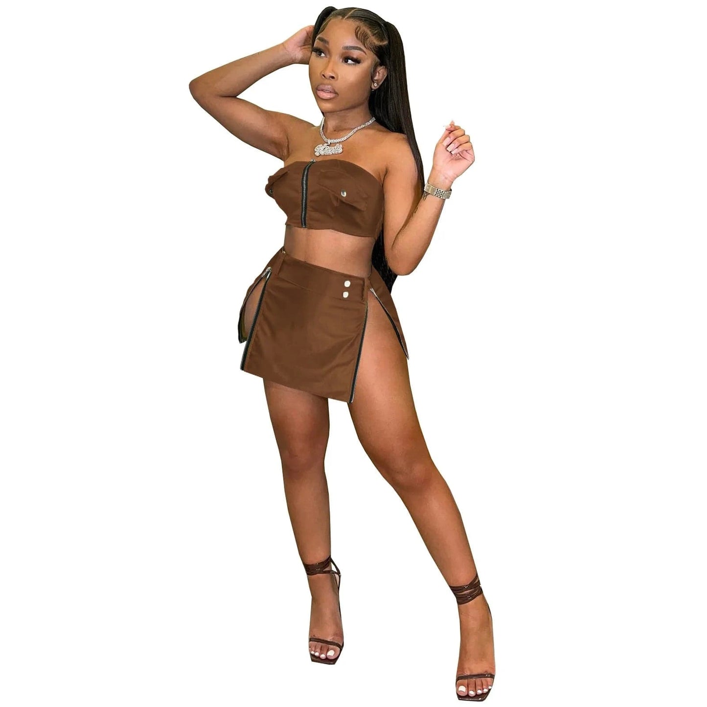 2 XL / coffee 2024 New fashion Women Summer Sexy Dress 2 Two Piece Sets Skirt Sleeveless Strapless Crop Zipper Top+mini Skirts Pu Leather Sets