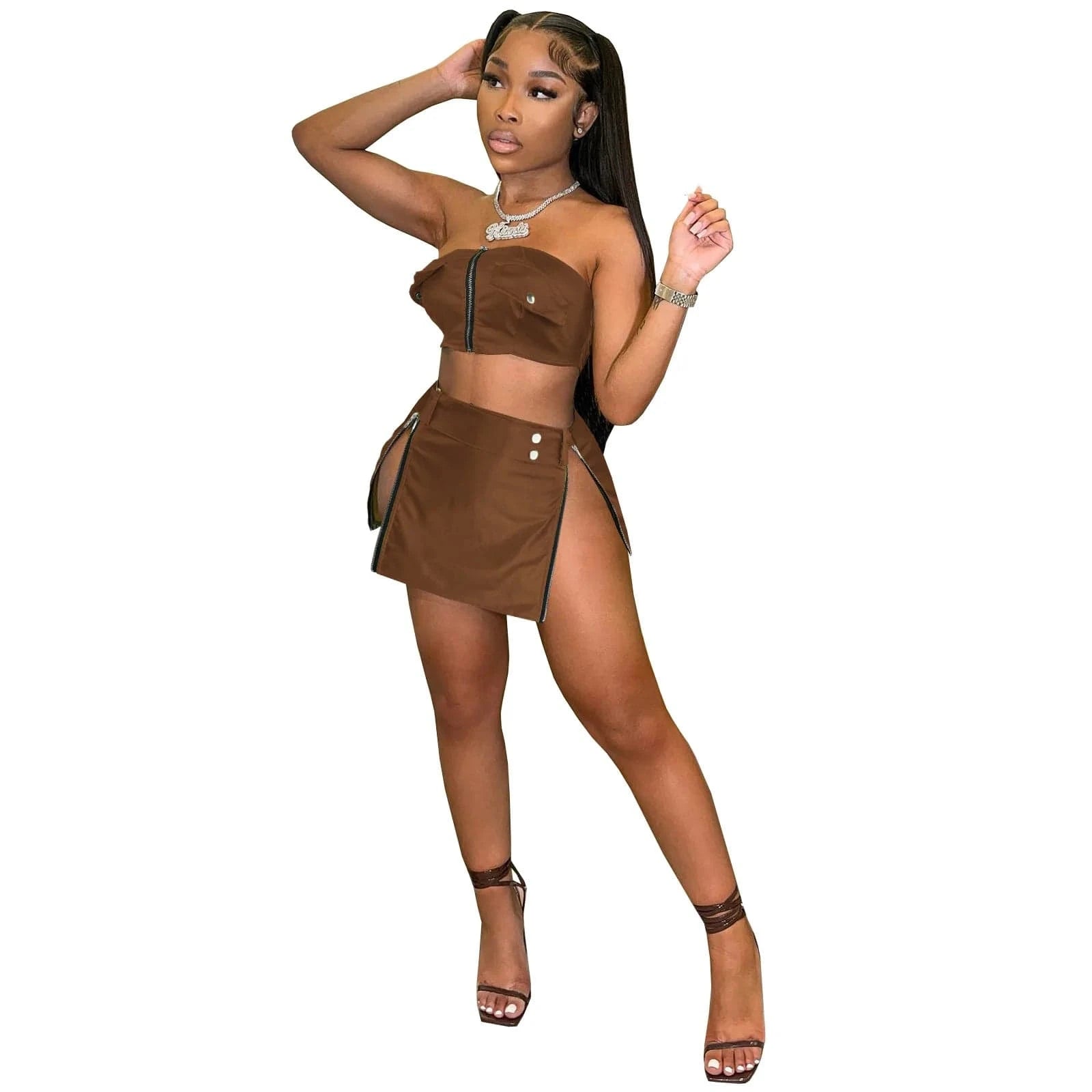 2 XL / coffee 2024 New fashion Women Summer Sexy Dress 2 Two Piece Sets Skirt Sleeveless Strapless Crop Zipper Top+mini Skirts Pu Leather Sets