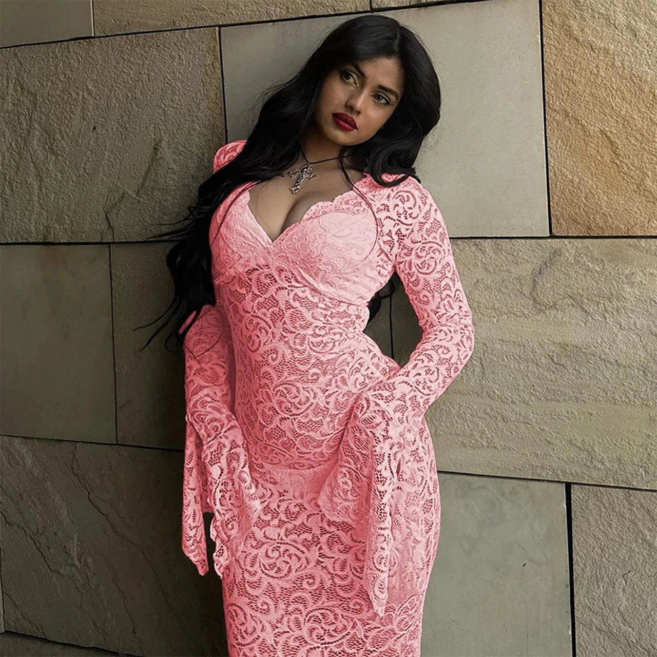 2 XL / color3 2024 new products Dresses Women spring Women Clothing V-neck lace flared sleeve fishtail sexy dress