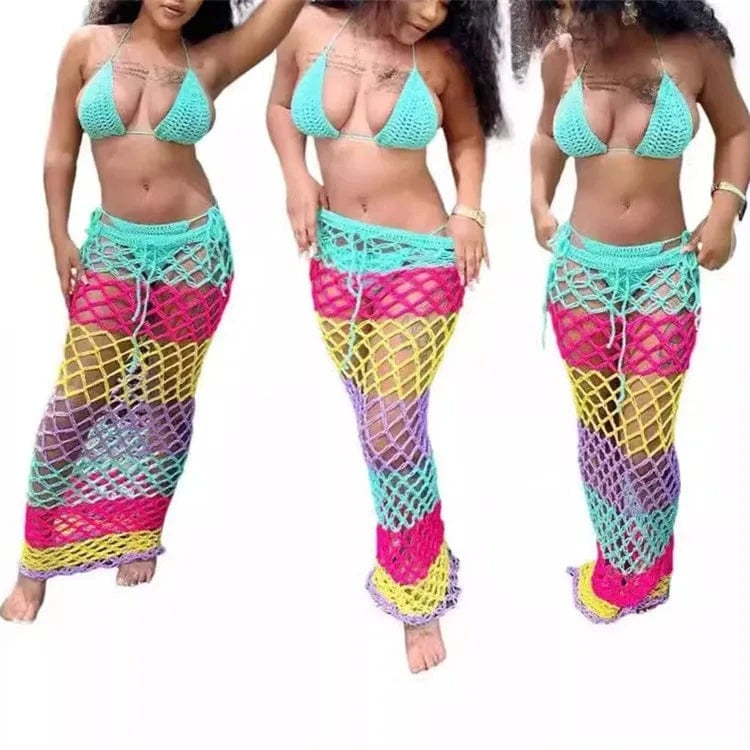 2 XL / Colorful Colorful Knit Crochet Bikini Set with Drawstring See Through Maxi Skirt 3 Piece Sets 2024 Summer Holiday Beach Outfits