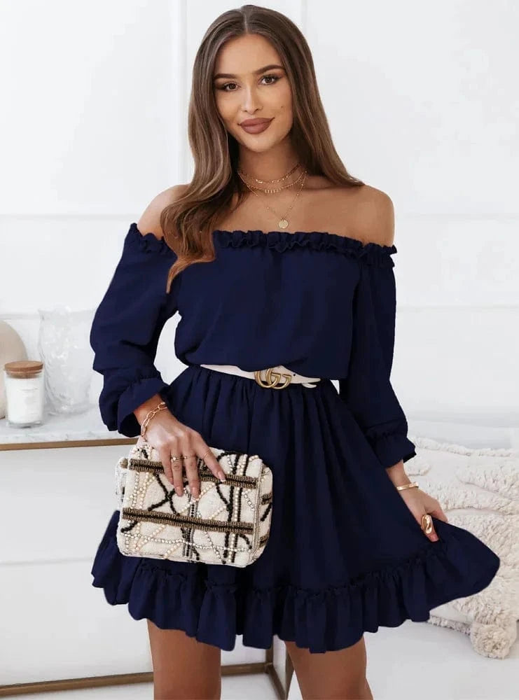 2 XL / Dark blue 2024 Europe and the United States Spring and Summer New Women's Fashion Casual Solid Color One-line Shoulder Waist Dress