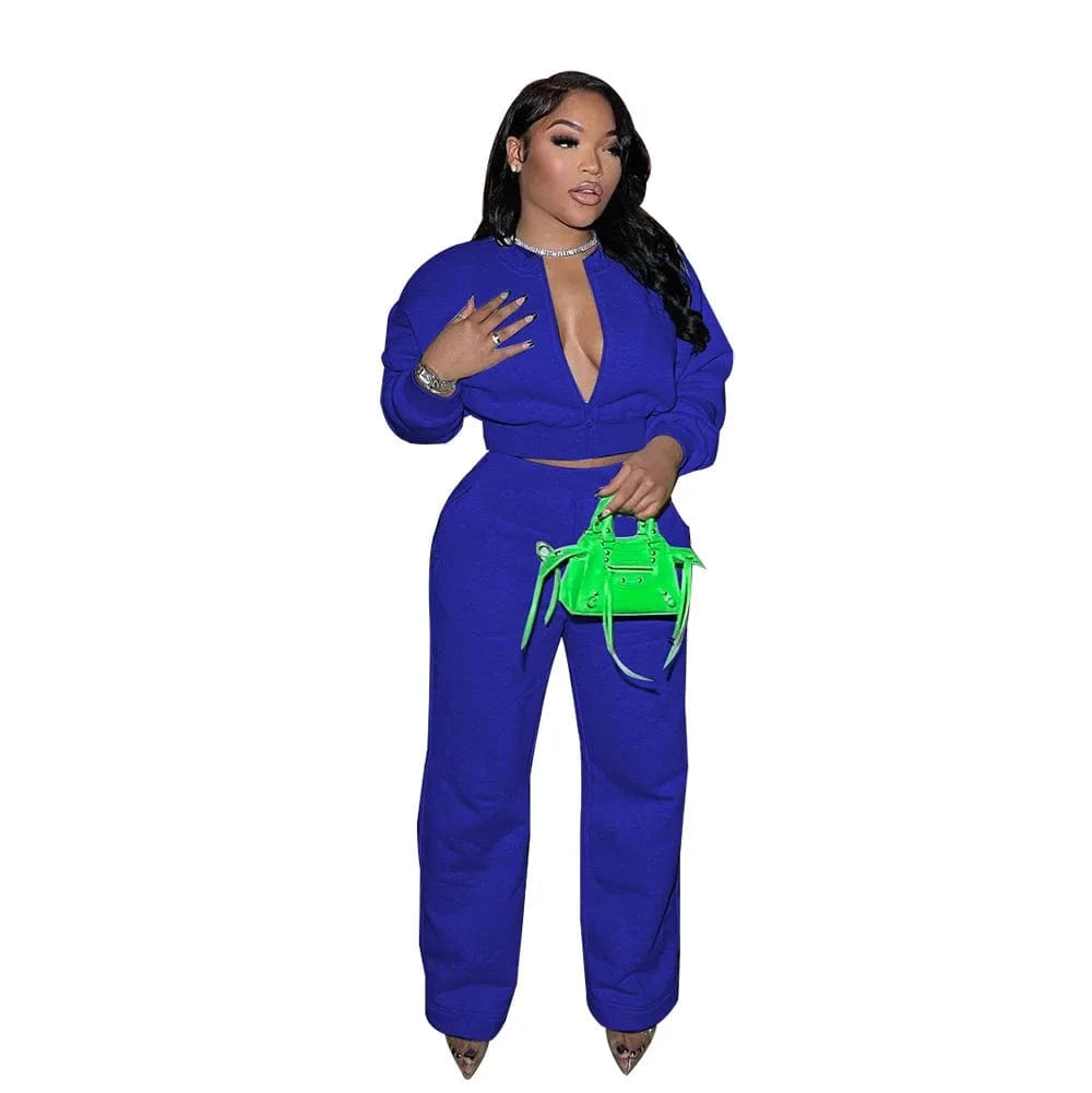 2 XL / Dark blue Liu Ming Fall Fashion Women Casual Zipper Long Sleeve Crop Tops Pants Two Piece Set