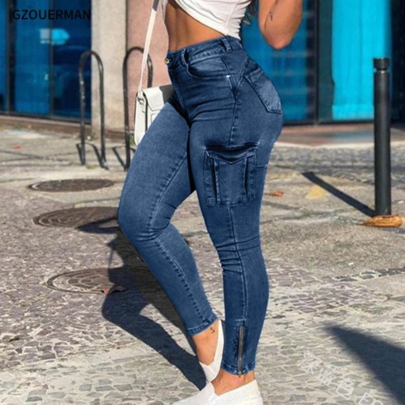 2 XL / Dark blue New Style Denim Jeans for Women Zipper Leg Pockets Elastic Overalls Whitened Trousers Pants Slim Pencil Jeans