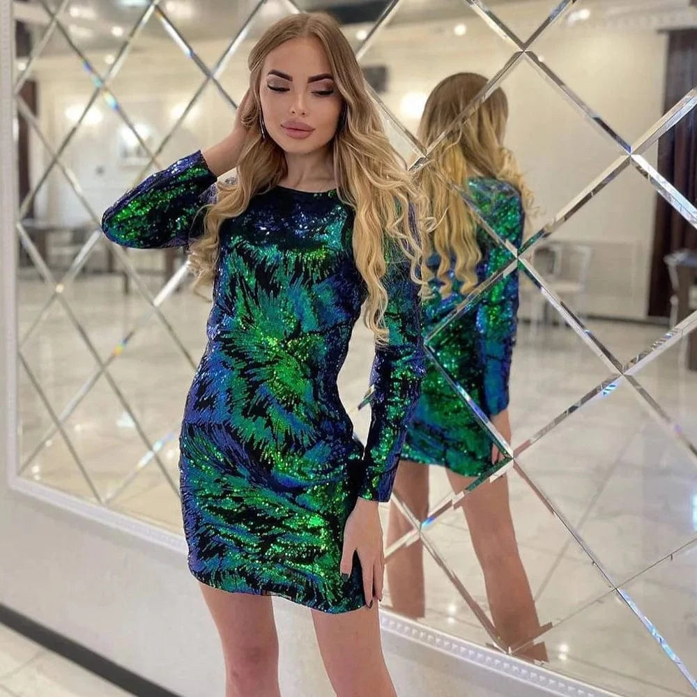 2 XL / Dark Geen 2024 Summer Women's Clothing Sexy Fashion Multi-Color Sparkly Sequins Dress Hip Nightclub Dress O-Neck Glitter Long Sleeve Robe