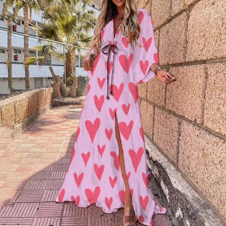 2 XL / dark Pink 2022 new Vestido Long Sleeve ladies Loose peplum women fashion elegant chiffon Floral Boho Beach clothing Maxi Casual dress