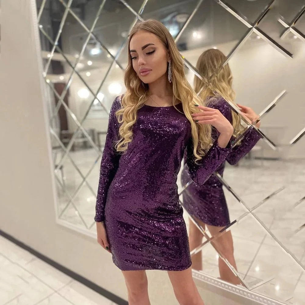 2 XL / Dark Purple 2024 Summer Women's Clothing Sexy Fashion Multi-Color Sparkly Sequins Dress Hip Nightclub Dress O-Neck Glitter Long Sleeve Robe