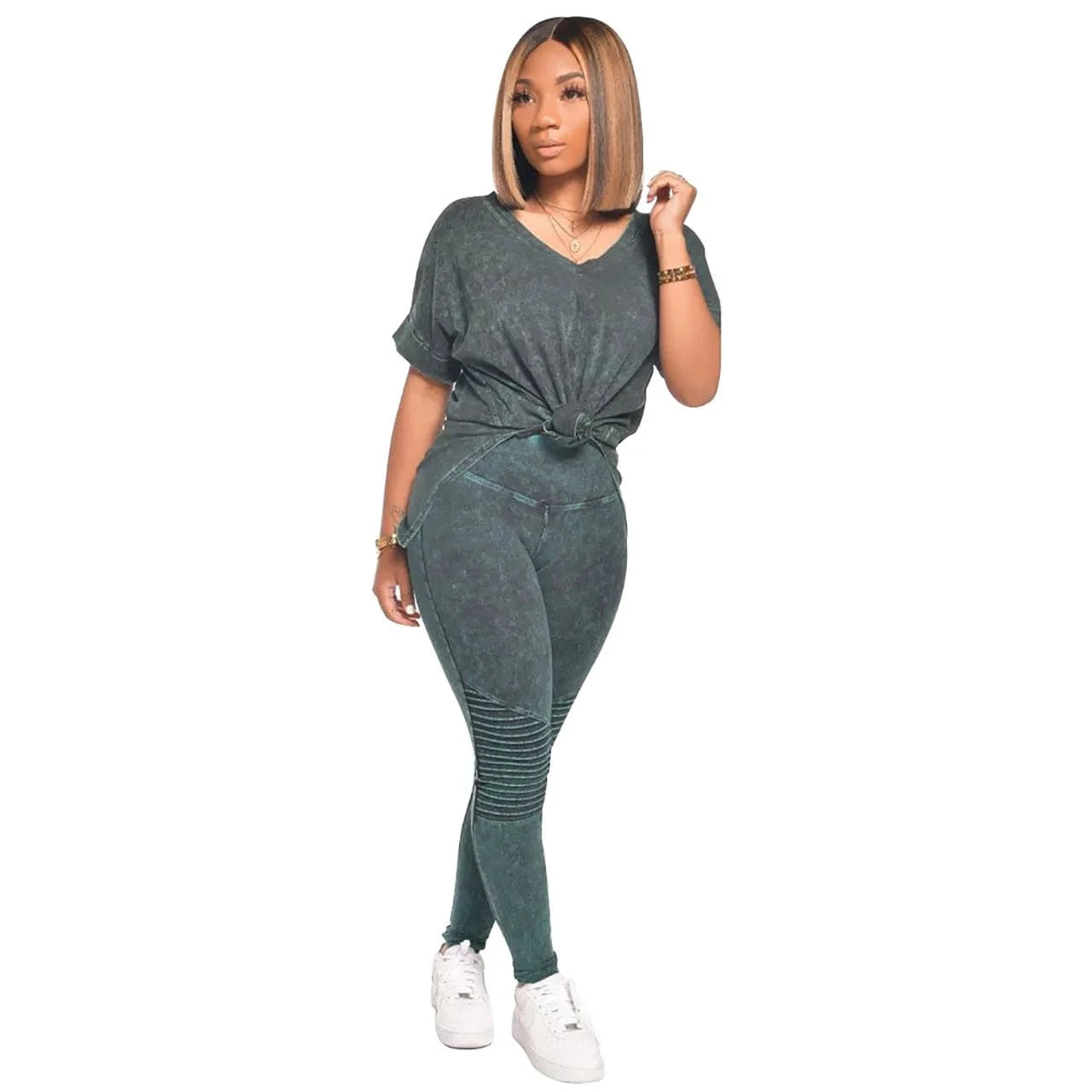 2 XL / Deep green 2024 Hot Sale Embossed Stitching Top Suit Five-Point V-Neck Short-Sleeved Casual Fashion Loose Split Two-Piece Pants Set