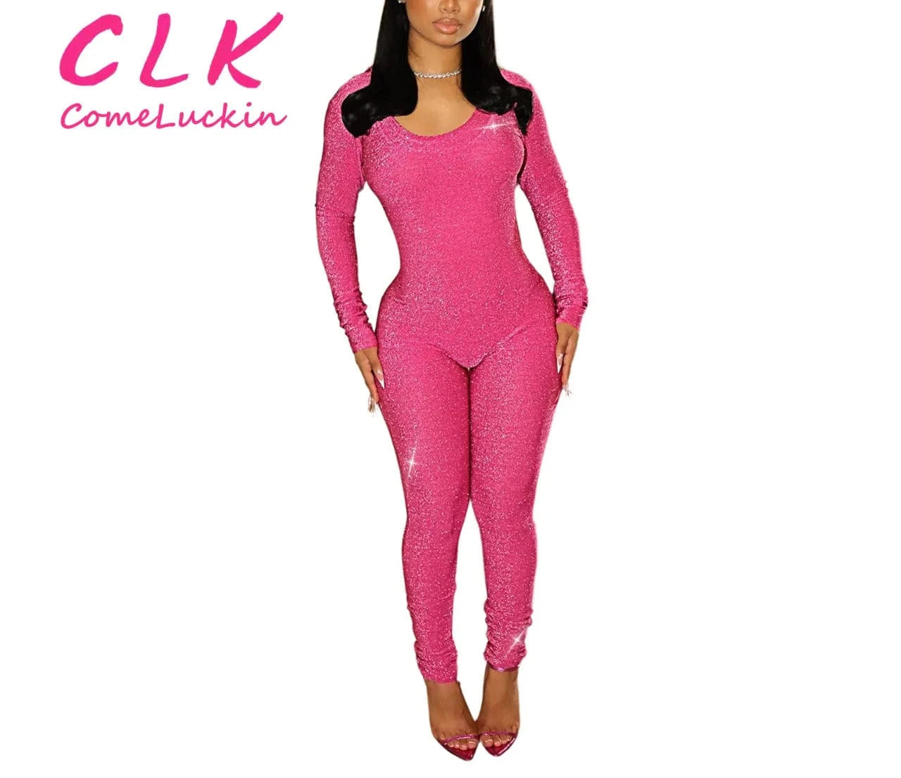 2 XL / Fuchsia Custom Logo Spring Shiny Hoodie Long Sleeve Jumpsuit Backless Skinny Package Hip Maxi Pants Jumpsuit For Women