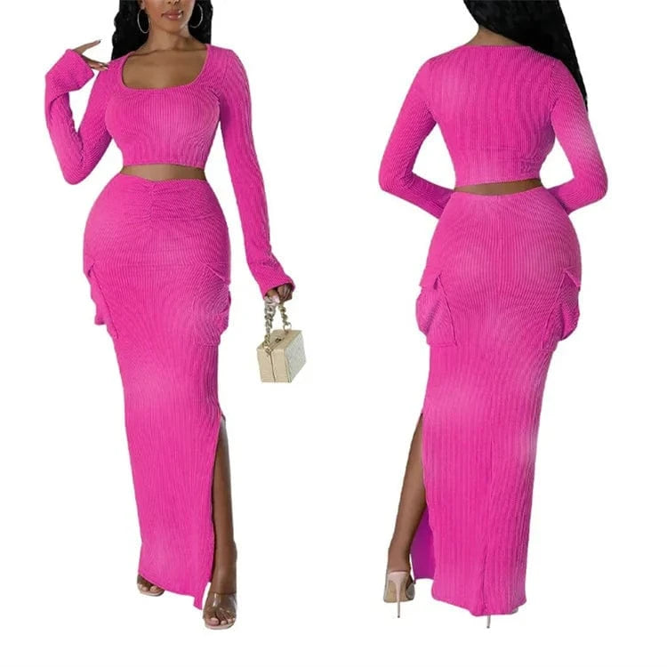2 XL / Fuchsia Fashion Knit Ribbed Women's Set Long Sleve Jacket and Pocket Side Split Maxi Skirts 2024 Two 2 Piece Sets