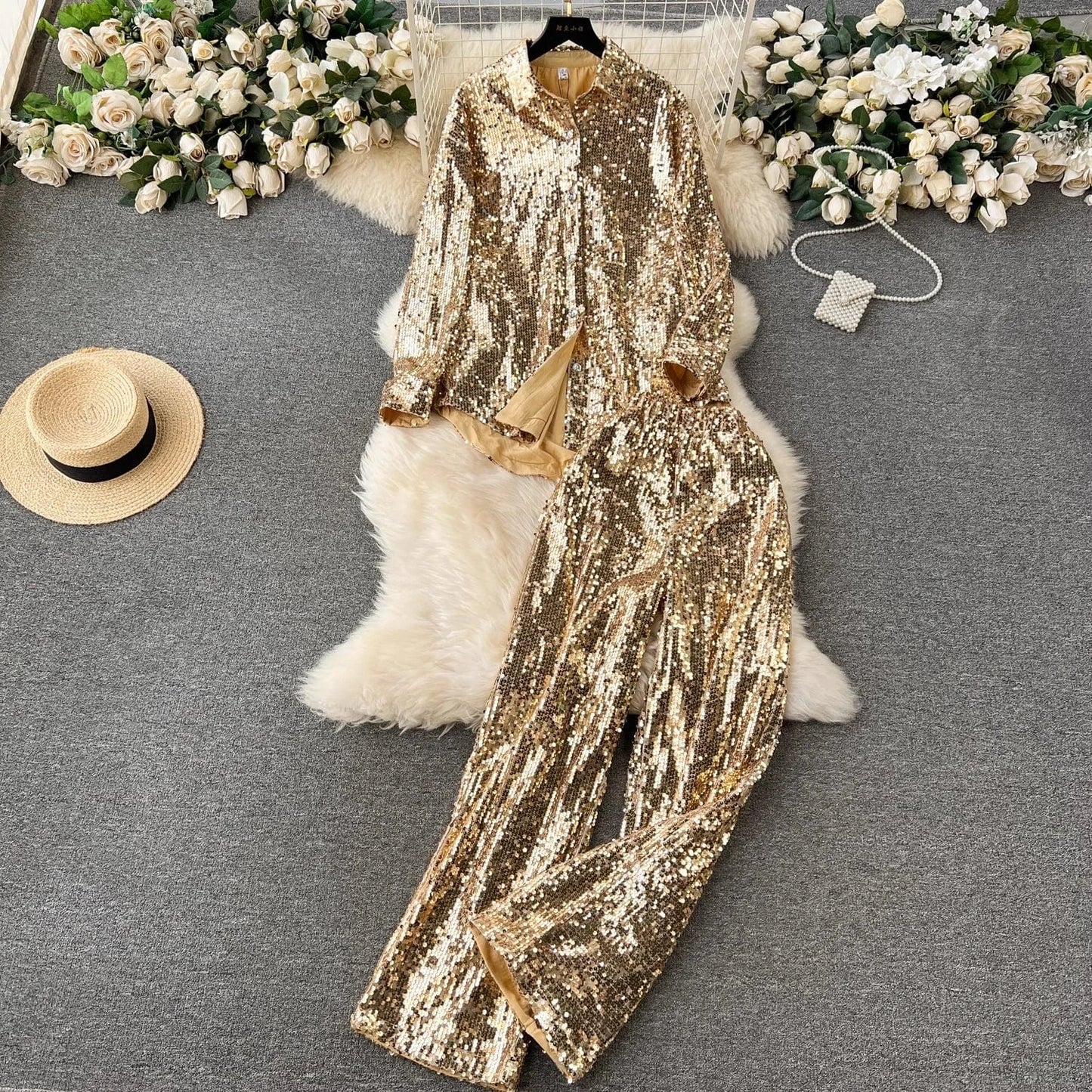 2 XL / Golden GX9524 New Arrival 2024 Spring Fashion Lady Street Wear Long Sleeve Bling Sequin Shirt and Wide Leg Pant 2 Piece Set Women