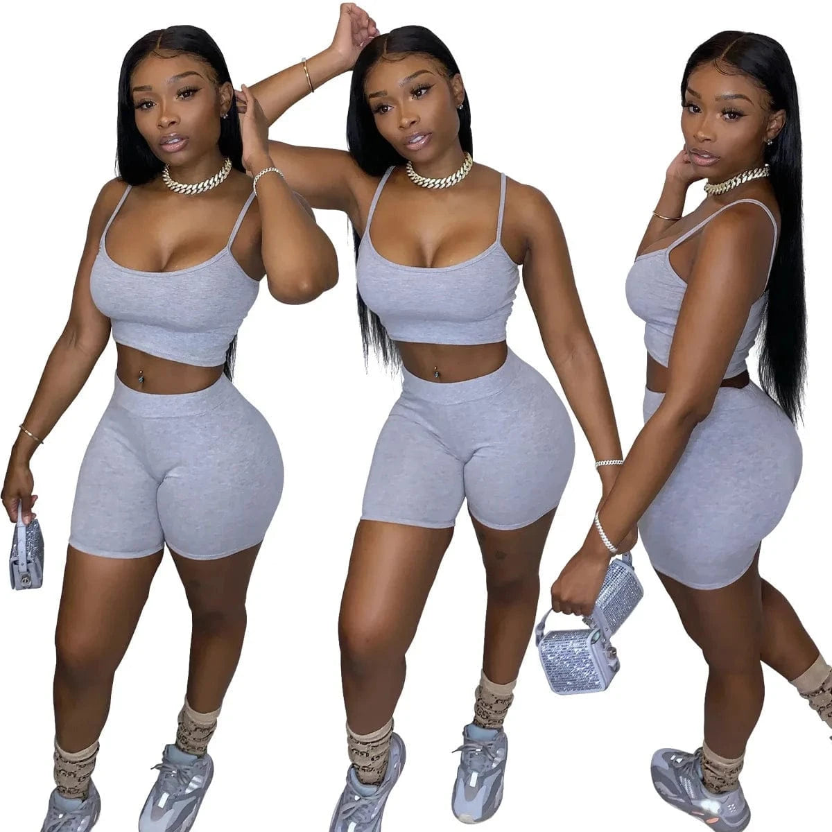 2 XL / Gray 2024 women's wear European and American fashion casual solid color suspender Vest Top Shorts  two piece