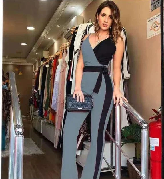2 XL / Gray black Liu Ming New Product 2024 Women Fashion V Neck Sleeveless Patchwork Color Wide Leg Pants Rompers Jumpsuit