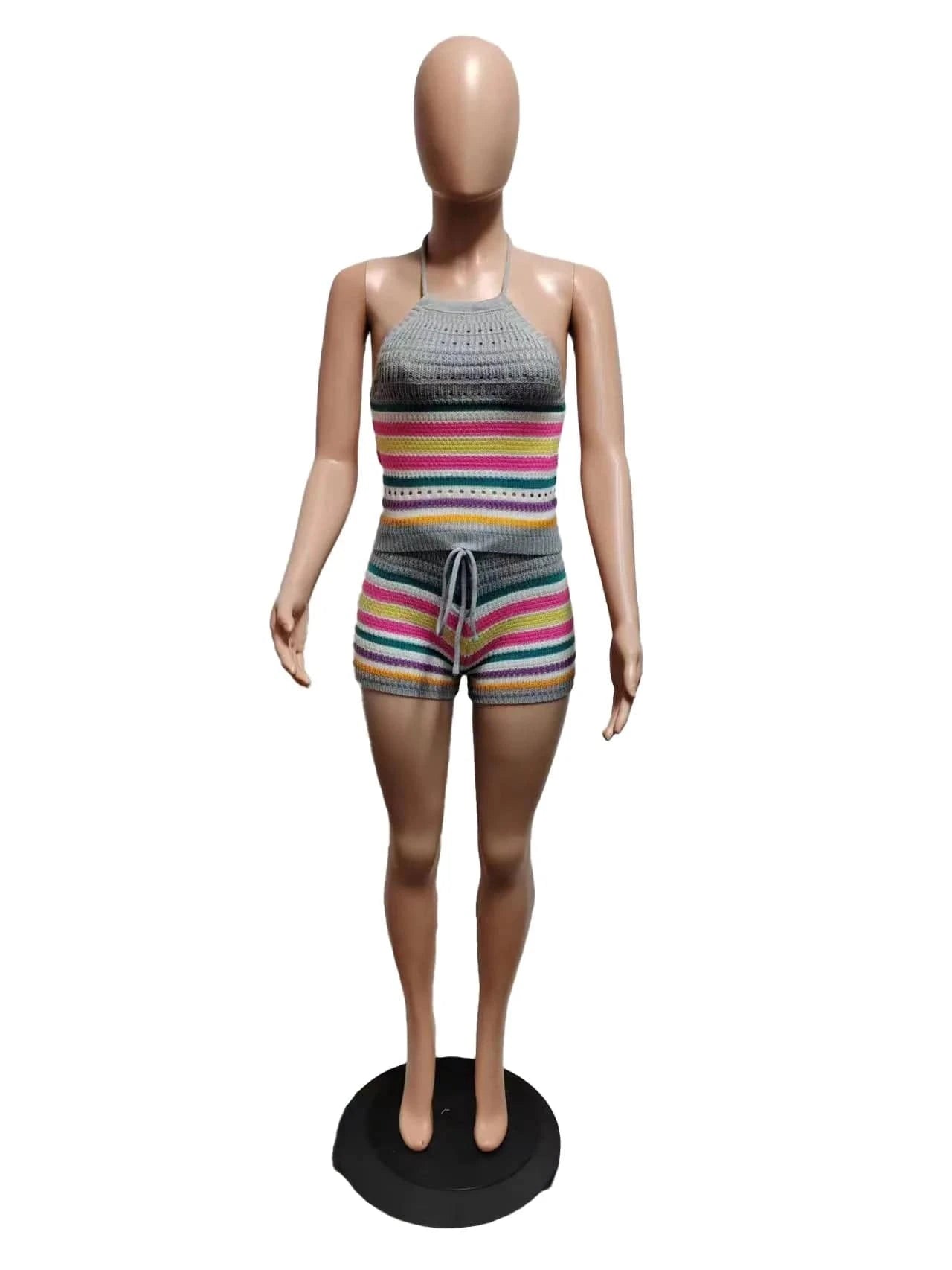 2 XL / Gray GX8157 New 2024 Summer Unique Women Street Wear Knitted Outfit Sleeveless Strip Crop Top and Shorts Matching Suit 2 Piece Set