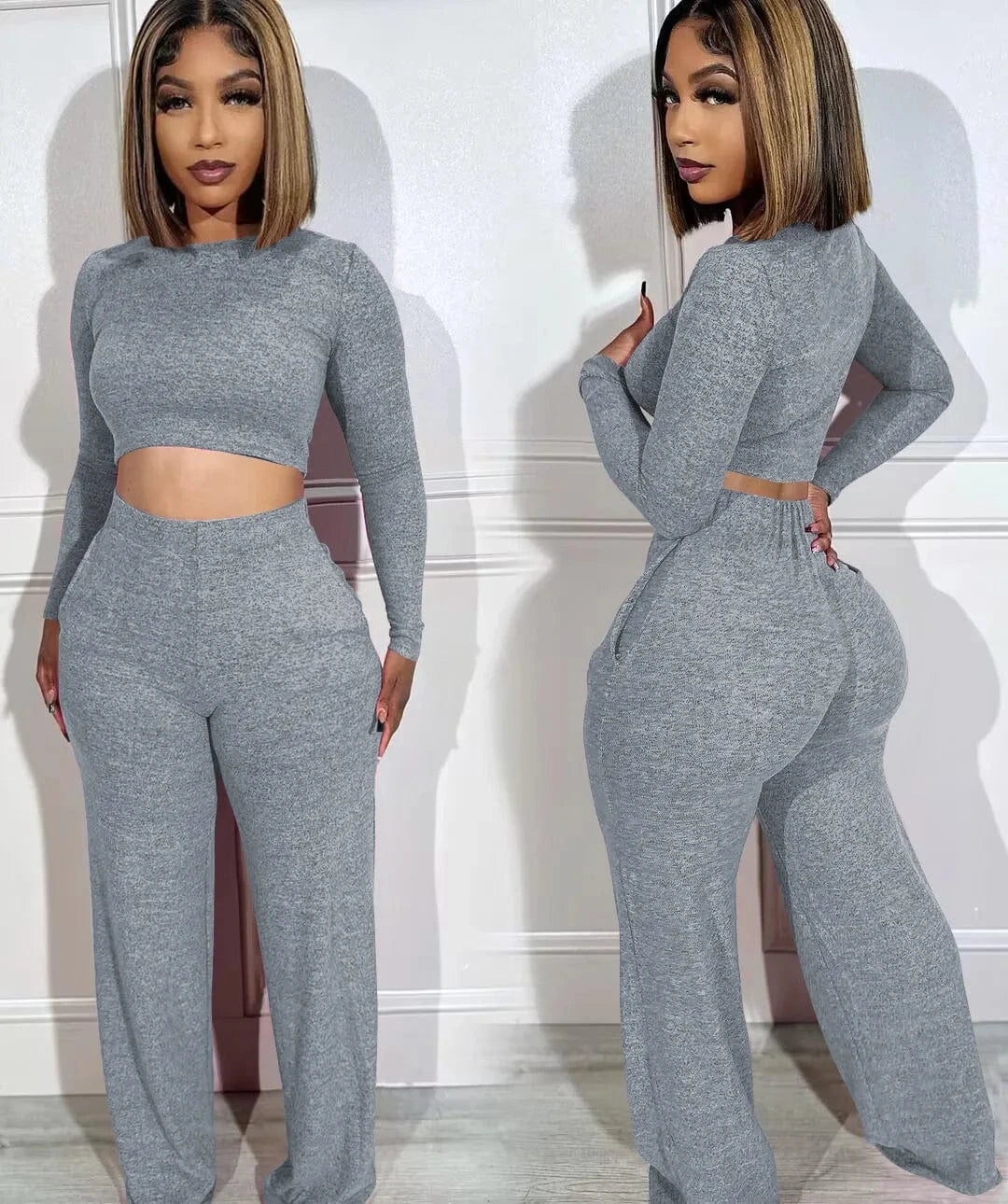 2 XL / Gray Z167177 Clothes 2024 spring 2 pieces women long sleeve 2 piece sets outfits crop top Top Trousers Casual suit
