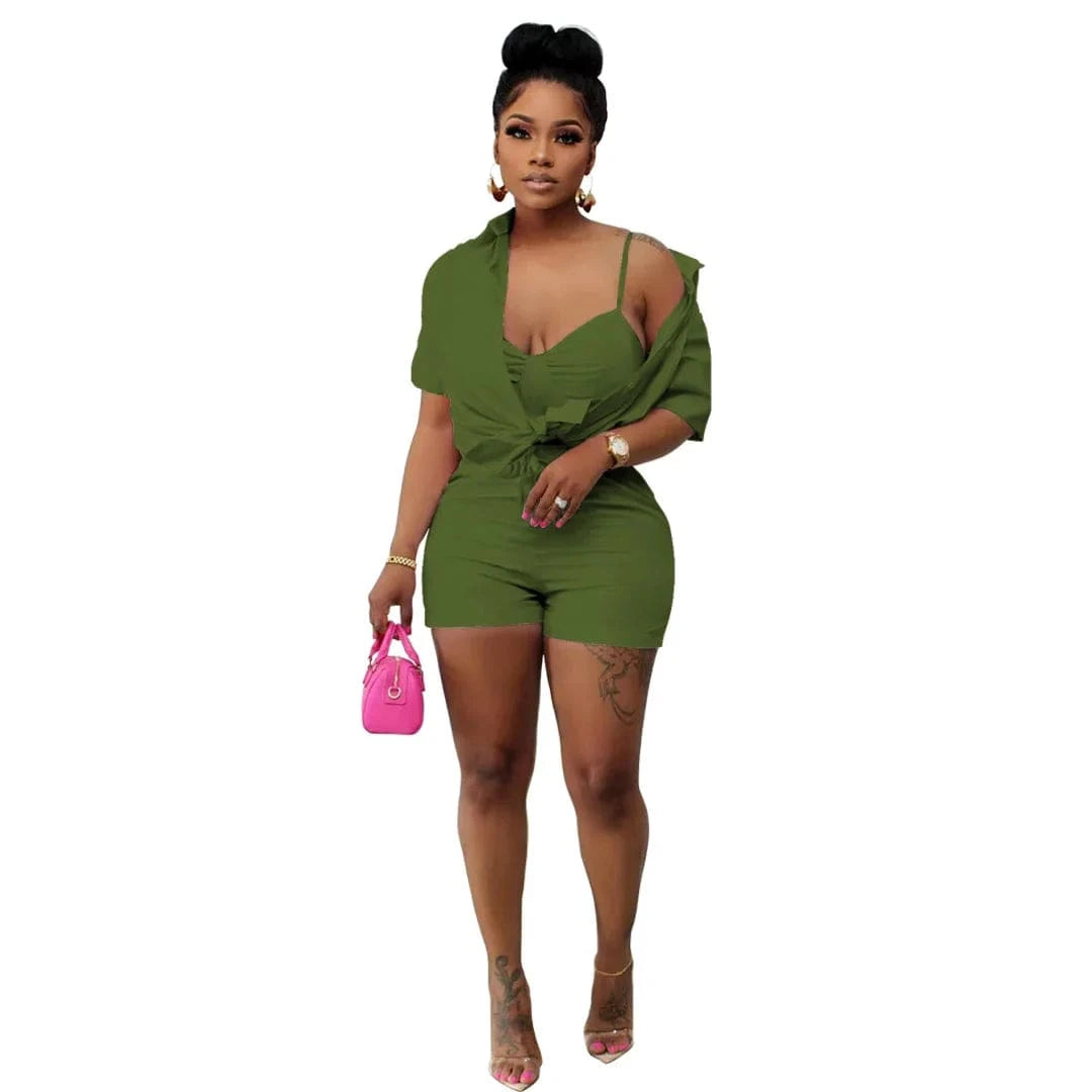2 XL / green 2022 Summer Clothing Cute Shirt  3 Piece Short Set Womens Short Solid Three Piece set  for Ladies Trendy outfits with Chest