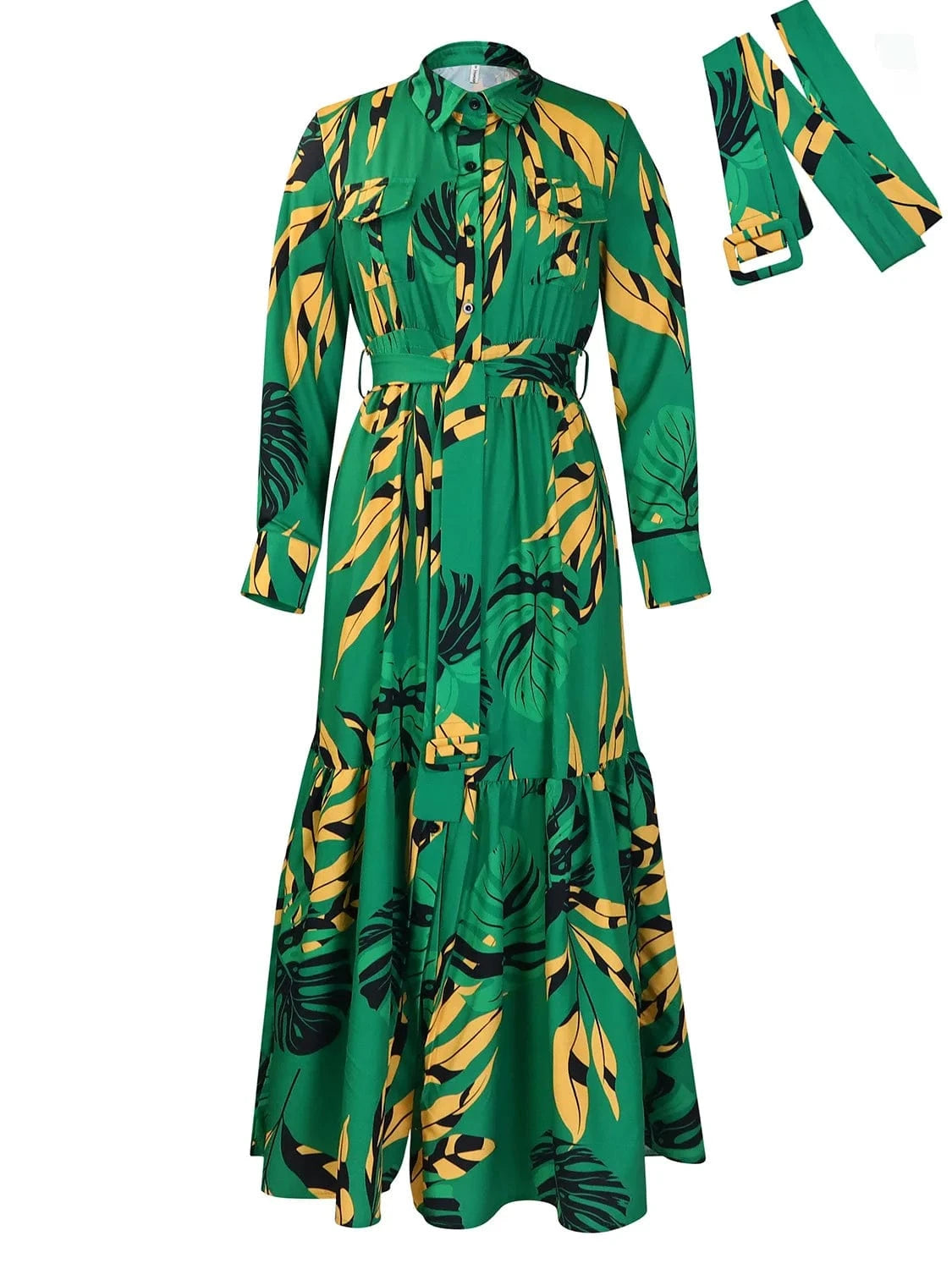 2 XL / Green 2024 new design fancy floral print sun holiday collar womans fall long sleeve button shirt party muslim maxi dresses for women