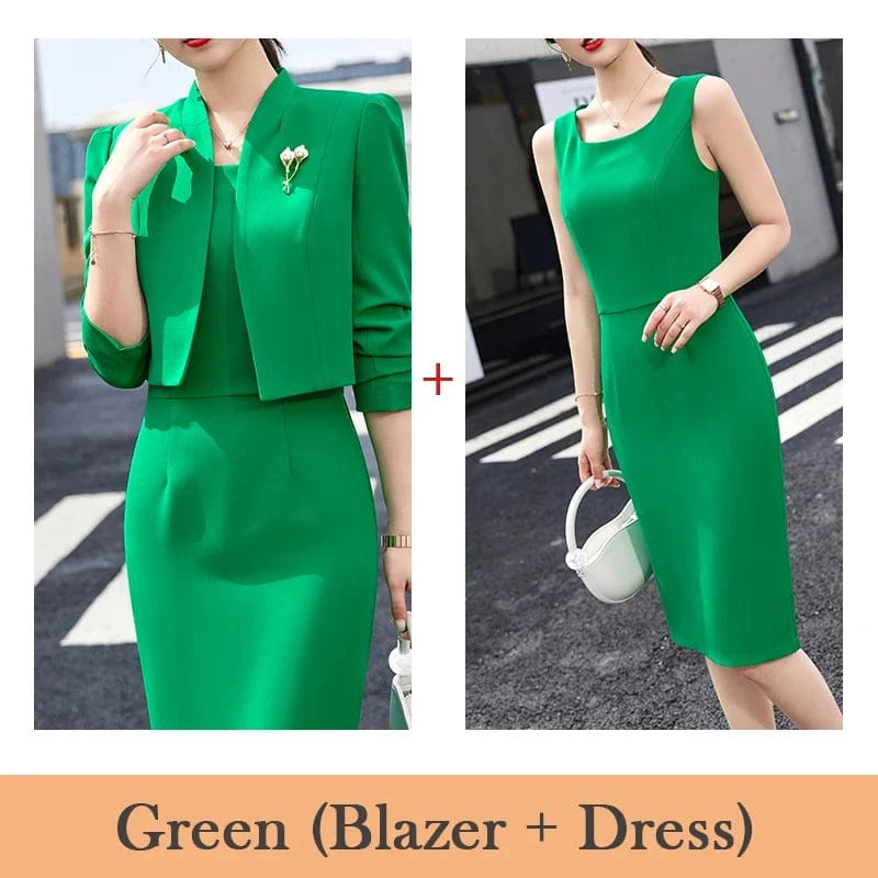 2 XL / Green dress suits Wholesale 2 Piece Dress Suits High quality Women Business Set Fashion Formal Lady Office Suit Short Blazer and Dress