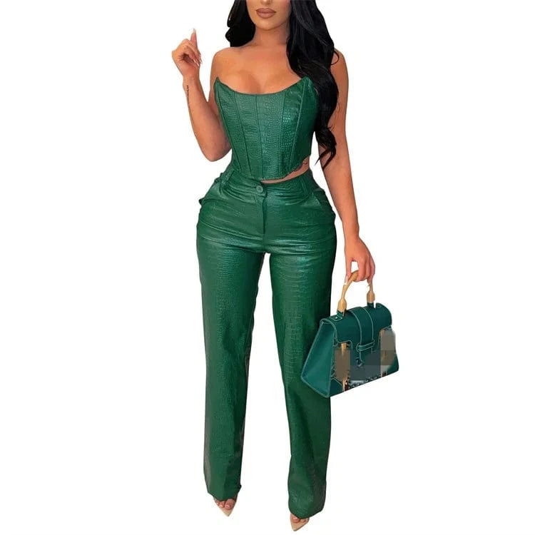 2 XL / Green Faux Leather Women's Set Sleeveless Zipper Fly Crop Top and Wide Leg Pants 2024 PU Two 2 Piece Sets