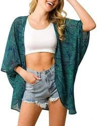 2 XL / Green Floral Kimono beach cover up Kimono Beach Custom Blue Casual Floral Bohemian Women Short Kimono Beach Cover Up Dress For Bikini Wrap