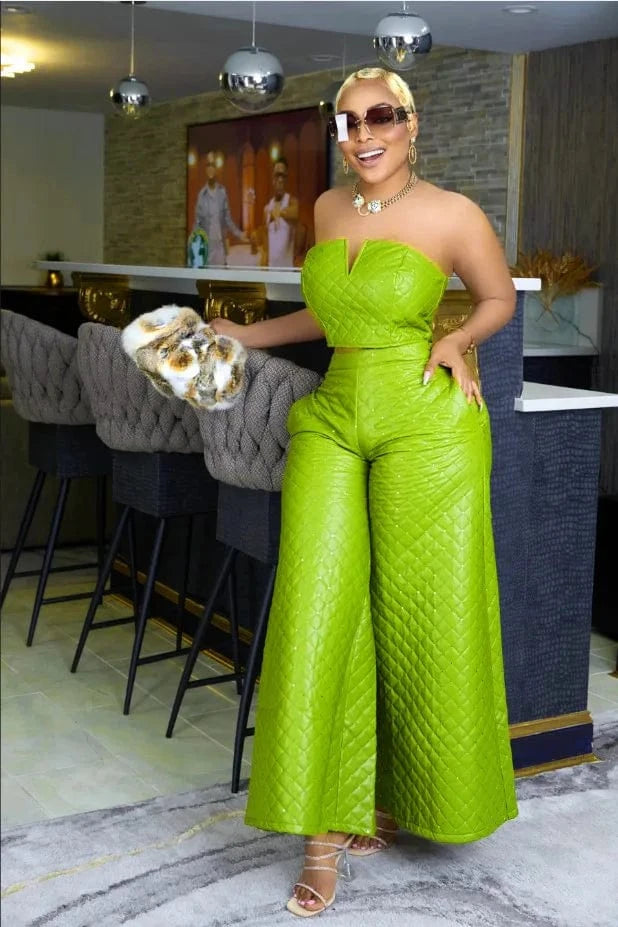 2 XL / Green Liu Ming Fashion Wholesale 2024 Women Two Piece Outfits Solid Color Strapless Tank Tops Wide Leg Pants Casual Set