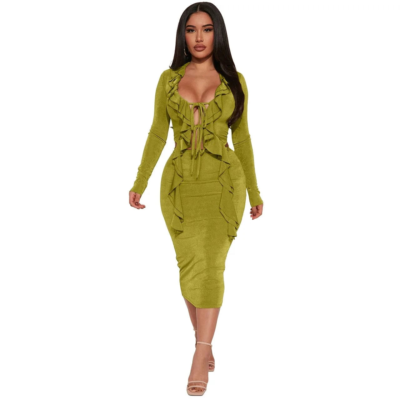 2 XL / green Sexy Bodycon Ladies Two Piece Skirt Outfit Long Sleeve 2 Piece Midi Skirt And Ruffle Lace Up Top Suit Set For Women