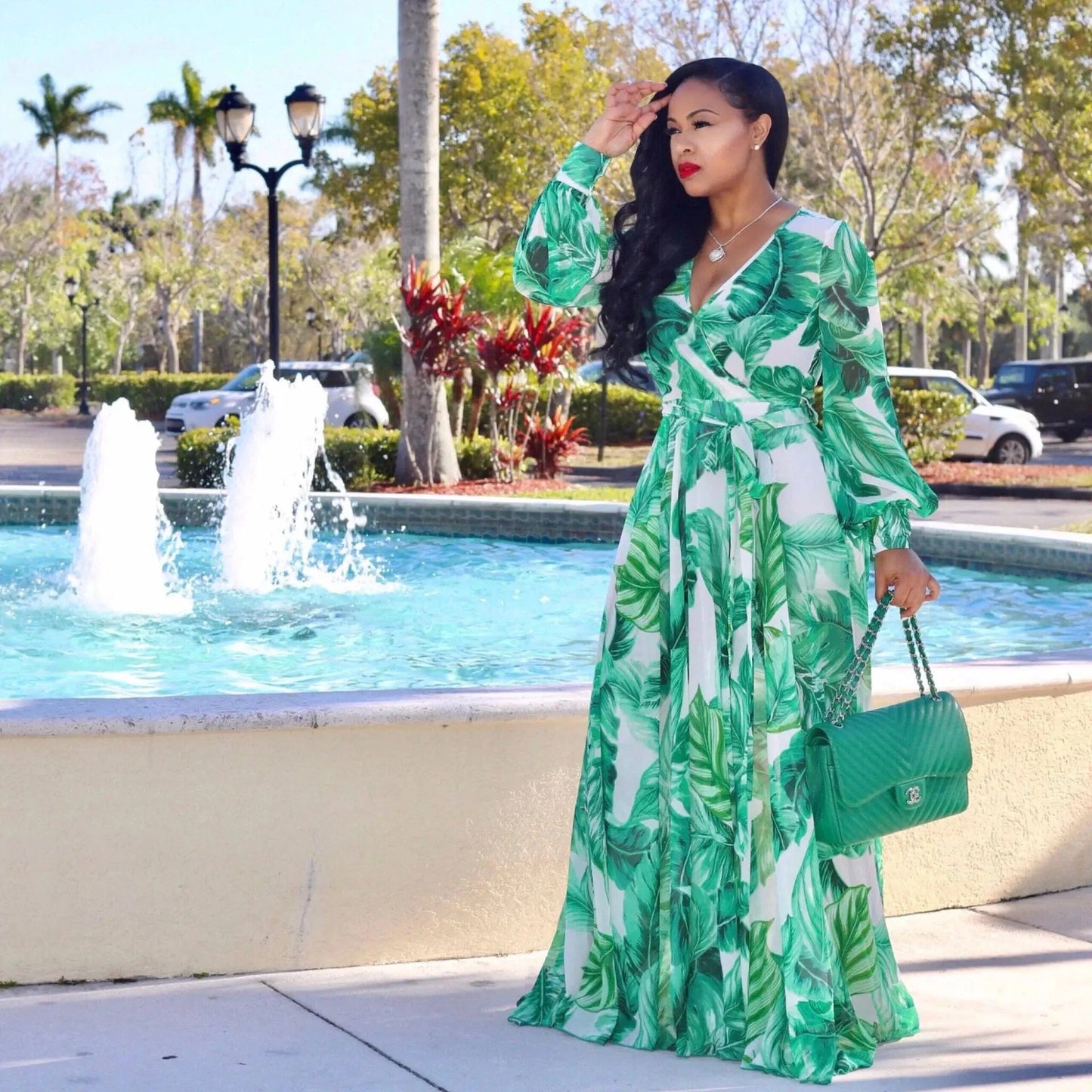 2 XL / green Wholesale Bohemia Woman Casual Dress Plus Size African Style V Neck Floral Print Chiffon Maxi Dresses Clothing Women Summer 2022