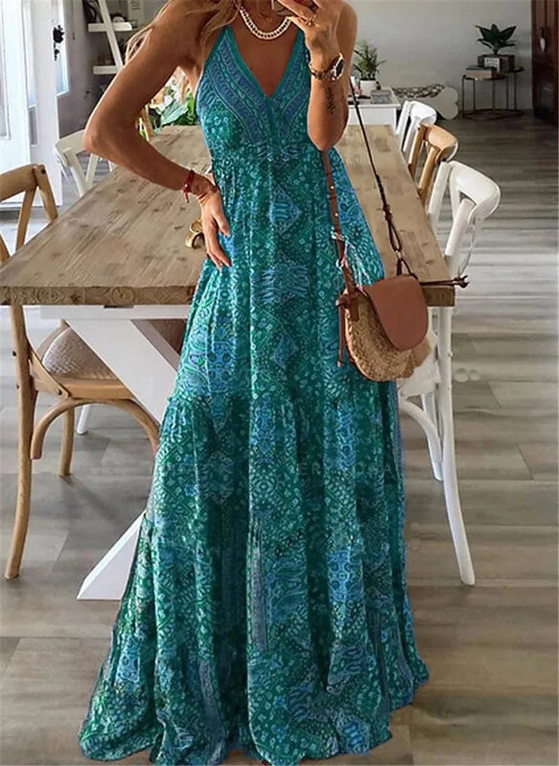 2 XL / Green Women's Boho Vintage Maxi Dress Sexy Flora Print Suspender Beach Dress traps Maxi Ruffles Sundress Backless dress