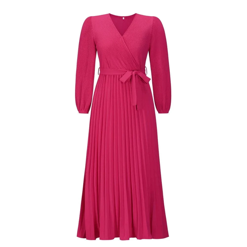 2 XL / hot pink Women solid Bohemia V-Neck Long Sleeve Pleated A-Line Maxi Dresses Lady casual dresses
