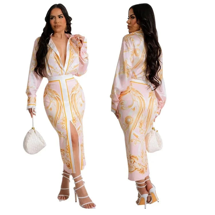 2 XL / Ivory Latest New Chic 2024 Long Sleeve Collar Blouse And Long Skirt Positioning Printed Fashion Street Two Piece Dress Set