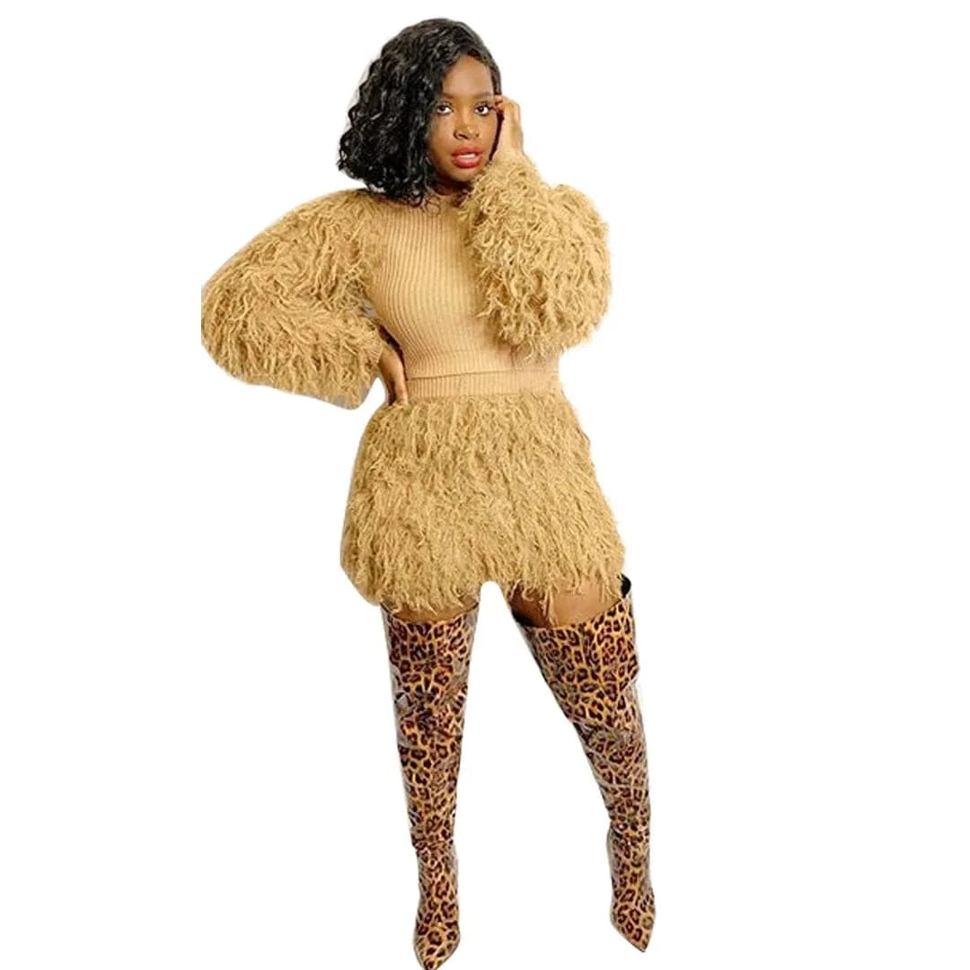 2 XL / Khaki Knit 2 Piece Furry Two Piece Set Cozy 2 pc Sweater Short Sets Winter Matching Shorts Set Sweater Women