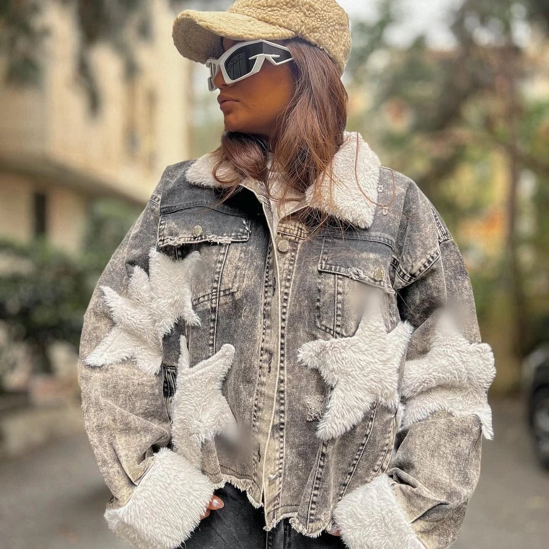 2 XL / Khaki T2905 Women Jacket 2024 Patchwork Pattern Button Jacket Vintage Girls Denim Jacket