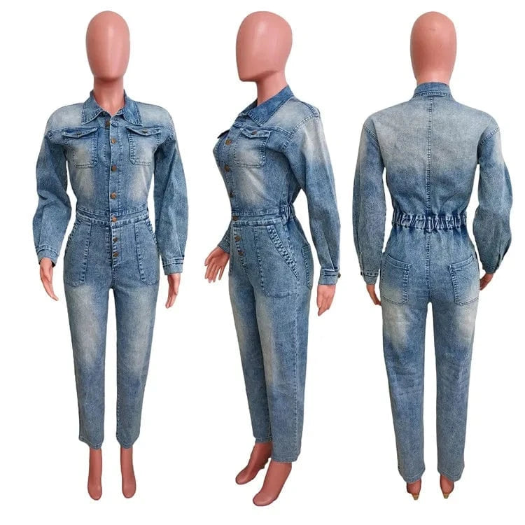 2 XL / Light Blue Casual Female Solid Cowboy Overalls Women Long Sleeve Turndown Collar Button Slim Denim Jumpsuits