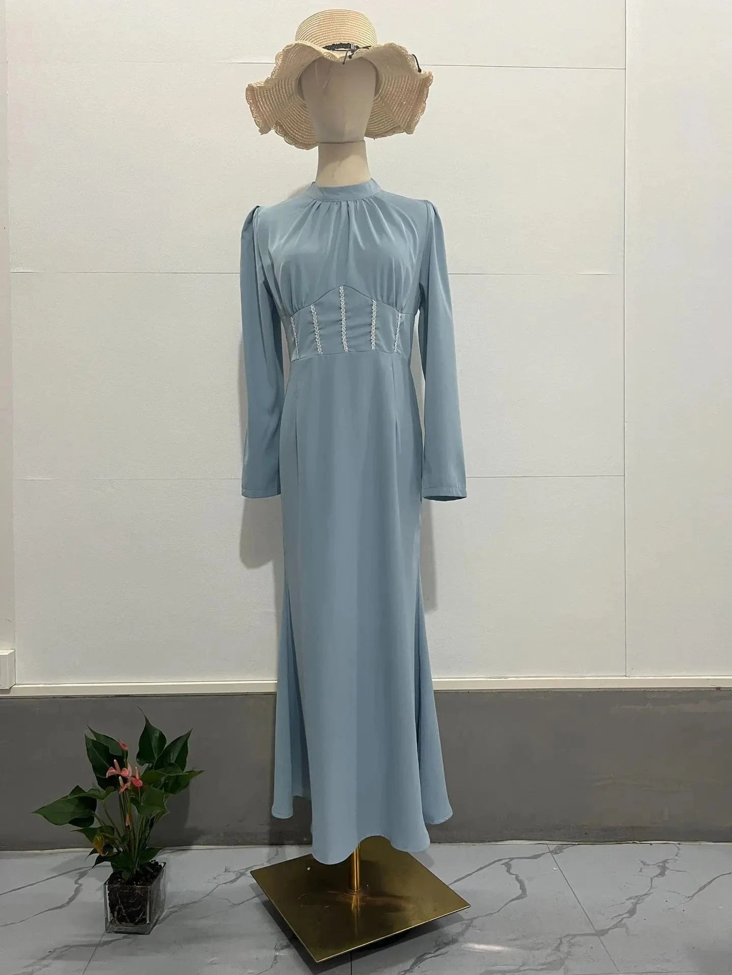 2 XL / Light Blue Eid Ramadan Party Dress for Women Abaya Morocco Arabia Dubai Dresses Slim Fit Abayas Kaftan Islam Dubai Arab Long Robe 2024